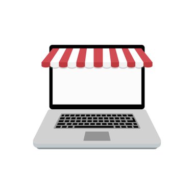 Web online mağaza. Tente ile dizüstü bilgisayar. Dizüstü online perakende şablonu. Vektör çizim