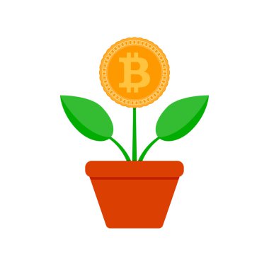 Büyüme bit sikke. Kripto bitki saksı. Bitcoin finans, finansal kripto büyüyen, btc kar artışı illüstrasyon vektör