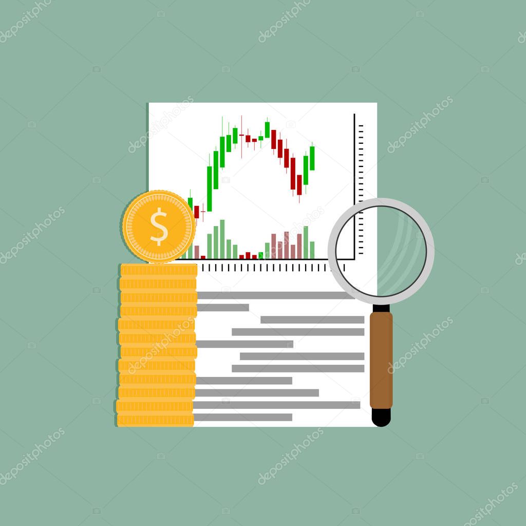Exchange analysis financial candlestick chart. Vector money stock trade, business finance market analysis illustration