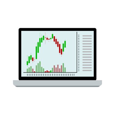Hisse senedi grafiği mum sopa üstünde laptop. Vektör hisse senedi grafiği yatırım, boğa amd yontulmamış strateji teknik çizim