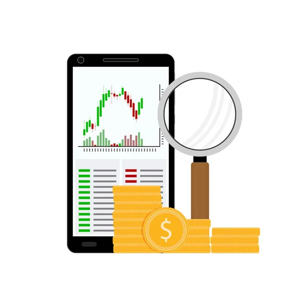 Árfolyam Grafikonok Elemzése Arany Érmék Nagyító Smartphone Val Gyertyatartó Chart — Stock Vector