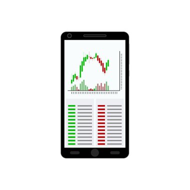 Beyaz arka plan üzerinde izole mum çubuk grafik ile akıllı telefon. Vektör çizim