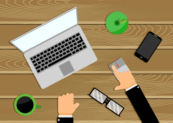 노트북으로 테이블입니다 사무실 책상입니다 손으로 Coumputer 마우스 커피와 스마트폰 안경입니다 — 스톡 벡터