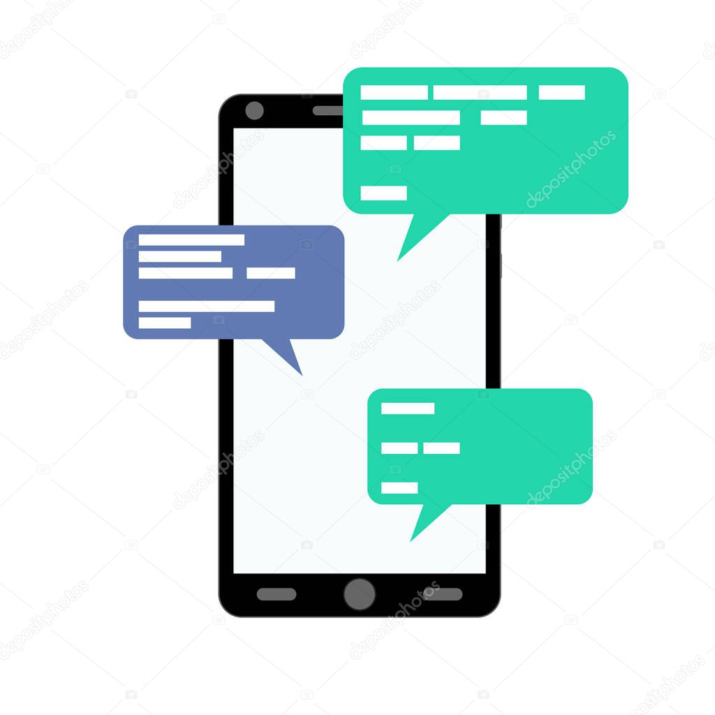 Chatting and messaging smartphone online flat. Web communication device isolated on white. Color flat simple, vector illustration