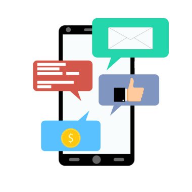 Bildirim gibi maaş, Smartphone cep telefonu ile mesaj. Sikke ve başparmak ile bildirim haberci. Vektör çizim