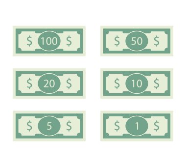 Küme dolarlık banknot. 100 ve 50 bill. Vektör banknot para nakit, finans yüz on illüstrasyon
