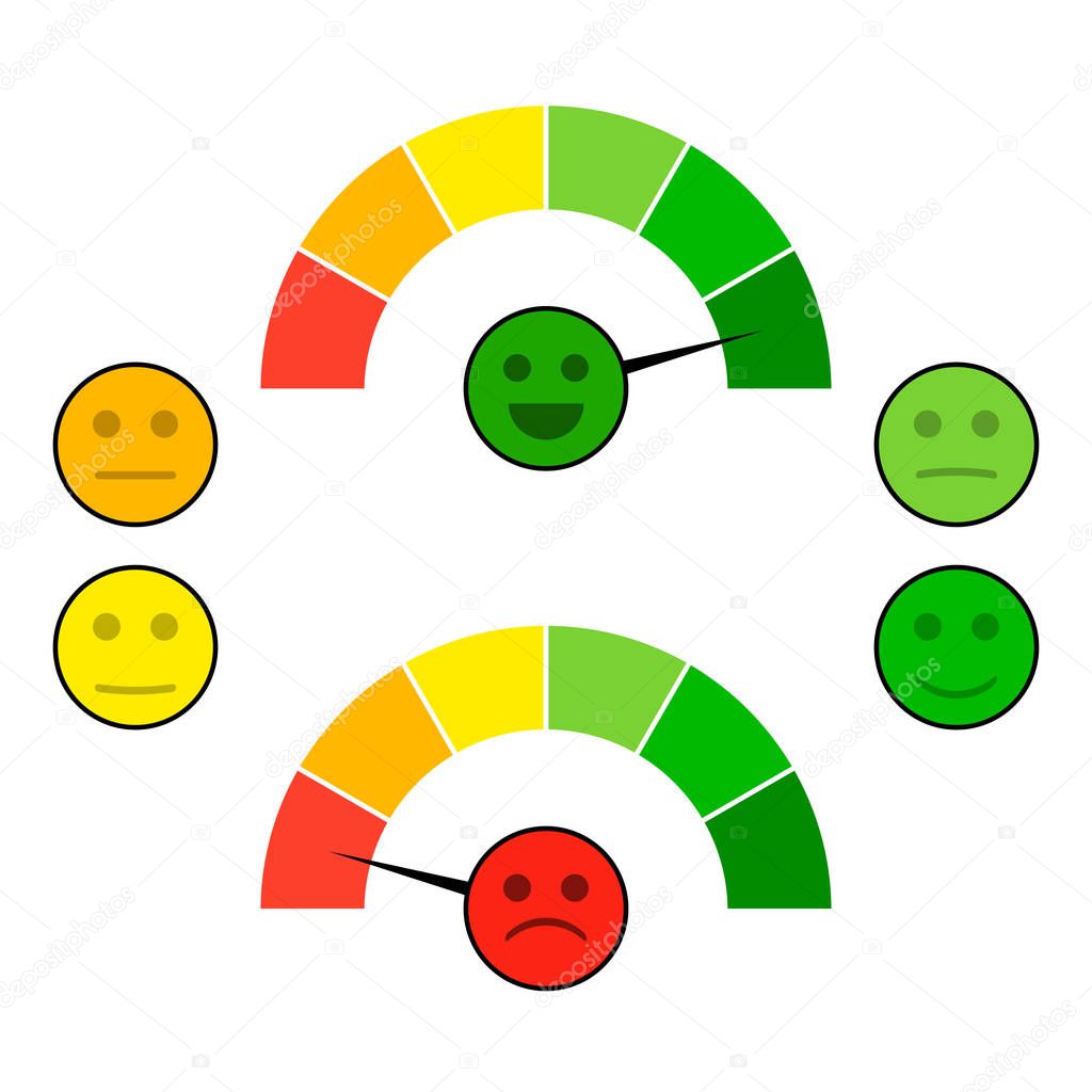 Color indicator arrow with face mood. Credit score good and bad, gauge spectrum indices. Vector illustration