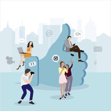 Sosyal medya ağ kavramı. Sembol gibi ve insanlar. Sosyal medya Illustration ağ, online topluluk, gibi ve haberci yukarıya düğme iletisi bileşeni gibi başparmak,
