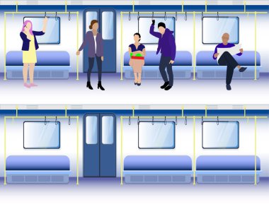 Dolu ve boş bir yeraltı vagonu. Kalabalık saat ve kapalı toplu taşıma, vektör metro vagonu içi koltuk illüstrasyonlu