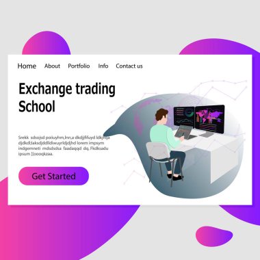 Ticaret okulu iniş şablonu. Vektör broker okulu, eğitim kripto para birimi ve Buy Buy bill illüstrasyon eğitimi