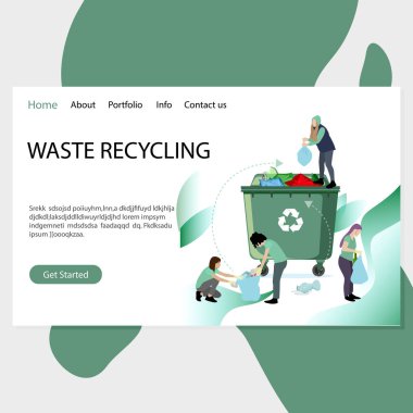 Atık geri dönüşüm sayfası, insanlar çöpleri toplayıp çöpe atıyorlar. Vektör geri dönüşüm atığı, çöplük doldurma web sitesi illüstrasyonu