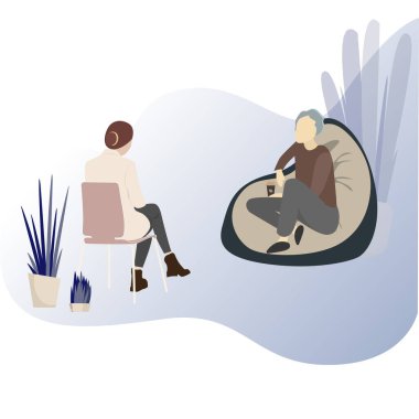 Bireysel psikoterapi seansı, kişisel asistan. Psikiyatrist dinle hasta, zihinsel destek, tıbbi oturum psikoterapisi, terapi ve tedavi akıl sağlığı, vektör illüstrasyon