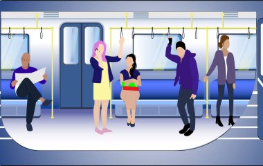 Metro metrosu içeride, yolcu. Metro vagonu yer altında, toplu taşıma, vektör illüstrasyonu