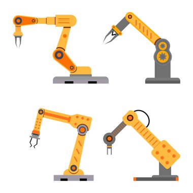 Montaj ve üretim için endüstriyel mekanik silahlar. Vektör taşıyıcı mekanik robot, otomasyon üretimi ve üretimi, sanayi fabrikası araçları çizimleri