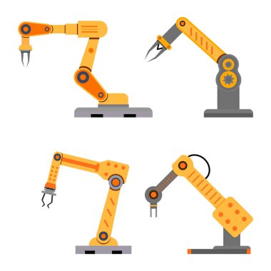 Industrial mechanical arms for assembly and manufacture. Vector conveyor mechanical robot, automation manufacturing and production, industry factory tools illustrations clipart