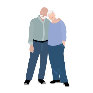 Yaşlı mutlu çift. Büyükanne ve büyükbaba yaşlılar, çizgi film jenerasyonu emeklisi. Vektör illüstrasyonu