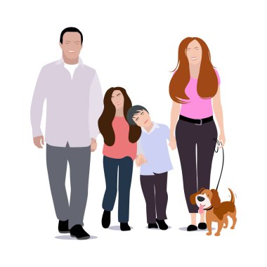 Köpeği gezdiren mutlu bir aile. Anne, baba, oğul ve kız evcil hayvan, çocuk ve babayla dışarıda yürür. Vektör illüstrasyonu