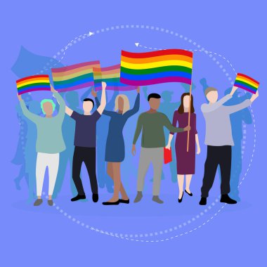Lgbt geçit töreni, gökkuşağı bayraklı geyler ve lezbiyenler. Gurur aşk illüstrasyonu, lgbtq homoseksüel ve transseksüel özgürlük gösterisi vektörü