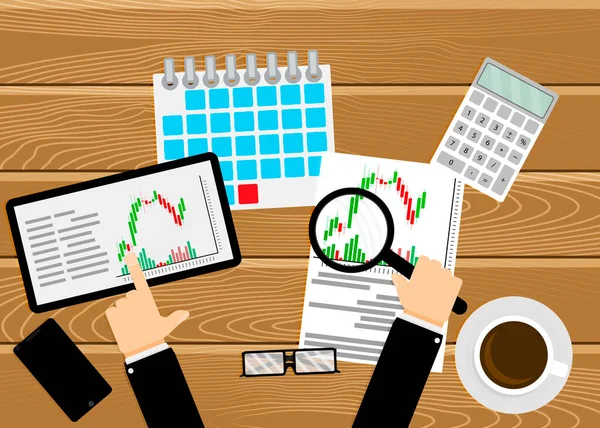 Trader Work Place Analyzing Exchange Chart Candlestick Analysis Financial Growth — Stock Vector