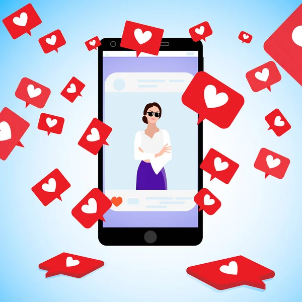 Medyada sosyal popülerlik. İnternette pek çok kalbi, programı ve pazarlaması olan sosyal medyada popüler bir kadın. Vektör illüstrasyonu