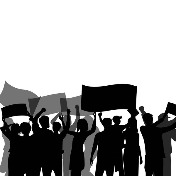 Black banner with crowd. People group meeting, resistance and activist, freedom revolution, cheering and protest, vector illustration