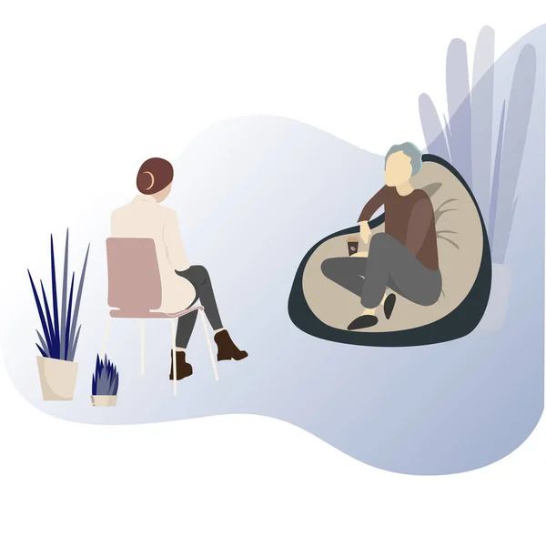 Bireysel psikoterapi seansı, kişisel asistan. Psikiyatrist dinle hasta, zihinsel destek, tıbbi oturum psikoterapisi, terapi ve tedavi akıl sağlığı, vektör illüstrasyon