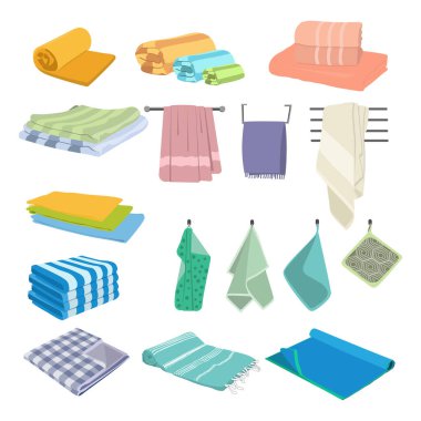 Çizgi film havluları, banyo, mutfak, plaj. Banyo ve mutfak havluları, hijyen için ev eşyaları. Vektör temiz ve taze mikrofiber havlu illüstrasyon, yıkama üstüne tekstil rulo