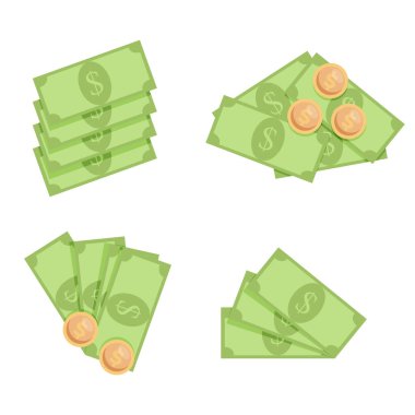 Nakit para dolar, vantilatör yığını ve bozuk para yığını. Vector banka nakit para izole, ödeme, bolluk ve zengin illüstrasyon için finans banknotu