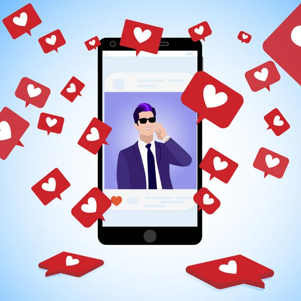 有名なブロガーのポストは ソーシャルアイコンの赤の心を収集し ソーシャルメディアを使用してオンライン通信 ハンサムな男のページ人気キャッチ人気 ベクターイラスト — ストックベクタ