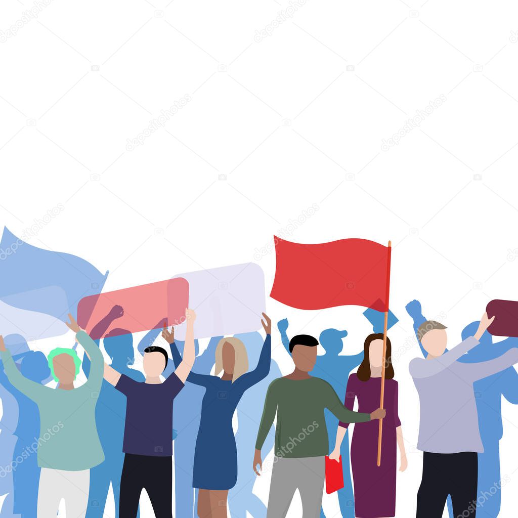Protesting poster color with crowd, concert and demonstration, crowdy activist cheerful, vector illustration