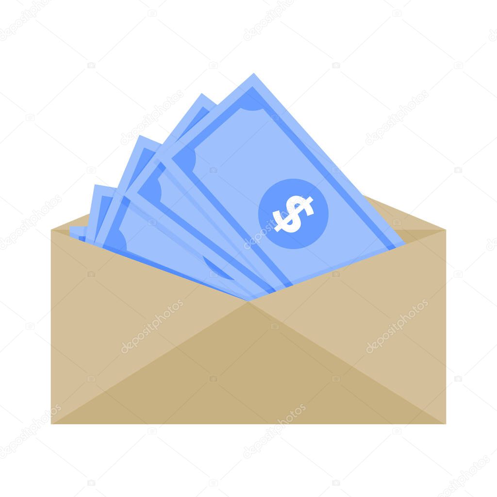 Bill dollar in paper envelope, no tax salary, minimum wage and avarage salary, compensation and corruption. Vector savings, money, free tax cash illustration. Financial investment