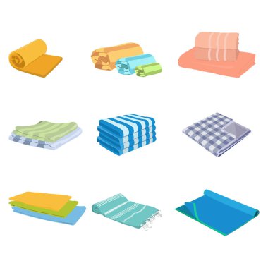 Havlu katlandı ve yuvarlandı. Duş için mikrofiber havlu, plaj kumaşı ve kareli pamuk koleksiyonu. Aile içi ve spa oteli için, kabarık ve taze, mutfak veya banyo havluları.