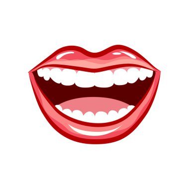 Seksi kadın gülüşü izole, kırmızı dudaklar ve beyaz dişler. Seksi ruj, makyaj güzeli, güzel dişleri ve dudakları olan gülen kız. Vektör illüstrasyonu