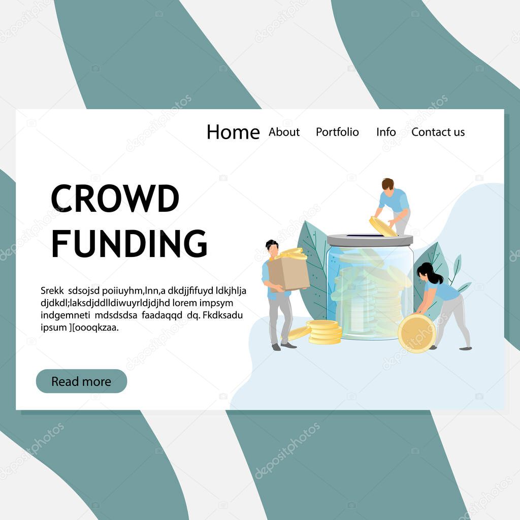 Crowd funding web page, donation and investment, donate coin and collect finance capital. Vector crowdfunding and collect finance, illustration business invest income box