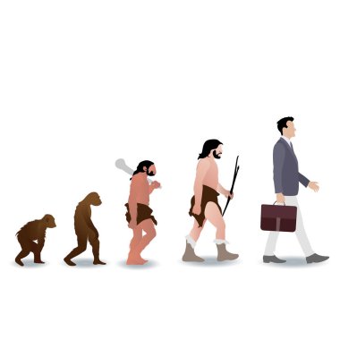 Maymundan iş adamına insan evrimi. Vektör maymun ve tarih öncesi maymun, mağara adamı iş adamlığına, insan evriminin illüstrasyonuna, şempanze ve insanlarda australopithecus gelişimine ve