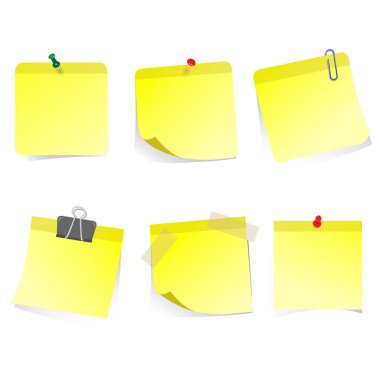 Sarı çıkartmalar yapıştırılmış raptiye ve viski. Pin çıkartma ofisi, boş, izole edilmiş, hatırlamak için sarı sayfa not defteri ve not kağıdı. Vektör illüstrasyonu
