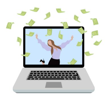 Güzel bir kız online piyangoda, internet kumar servisinde, spor bahislerinde ve pokerde kazanır. İnternetten zengin ol, internetten piyango kazan, kazanan kadın. Vektör illüstrasyon ikramiyesi kazandı.
