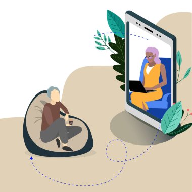 Çevrimiçi psikolog asistanı hizmeti, vektör destek terapisi ve danışma, zihinsel danışmanlık psikoterapisi, uzaktan hasta illüstrasyonu