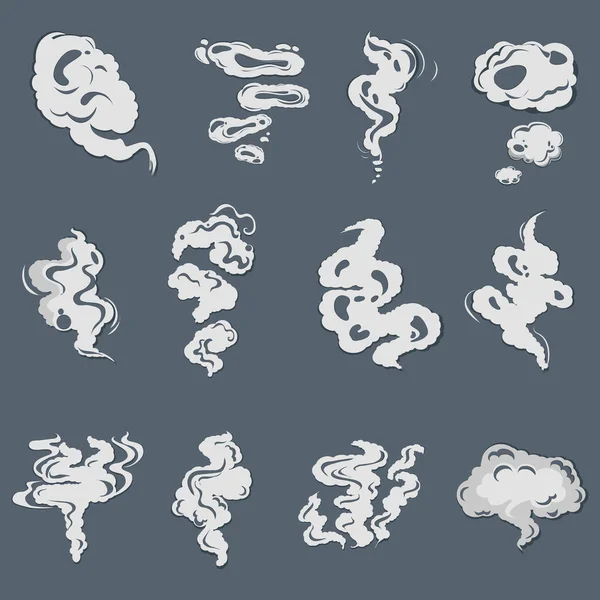 Smoke Set Effects Cartoon Steam Clouds Puff Mist Fog Watery — Stock Vector