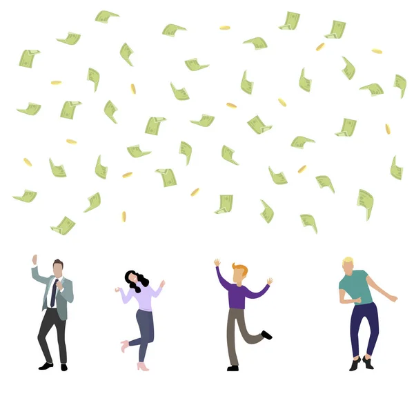 Happy People Dancing Money Rain Vector Winning Team Cash Worker — Stock Vector