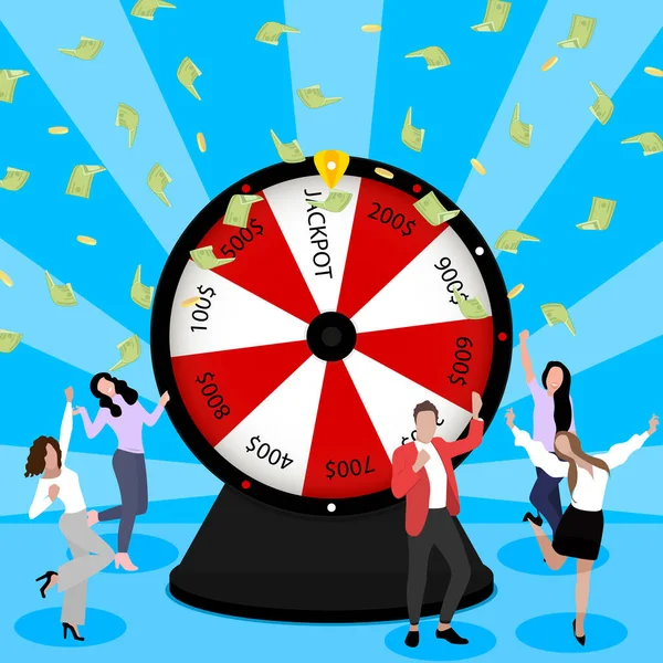 Wheel Fortune People Enjoying Celebrating Win Lottery Vector Luck Winners — Stock Vector