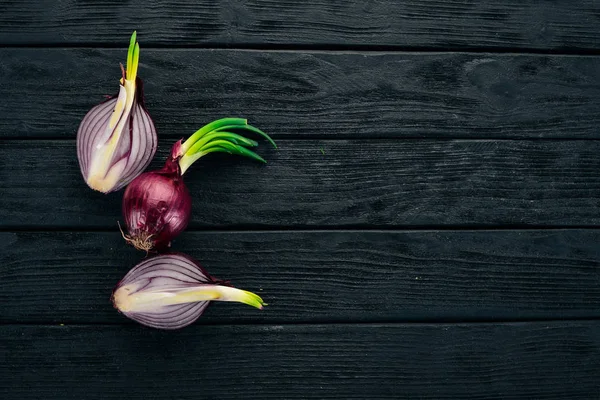 紫のタマネギ 木製黒地 健康食品 平面図です コピー スペース — ストック写真