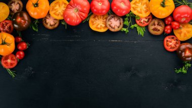 Ürün yelpazesine renkli taze domates. Siyah ahşap arka plan üzerinde. Üstten Görünüm. Kopya alanı.