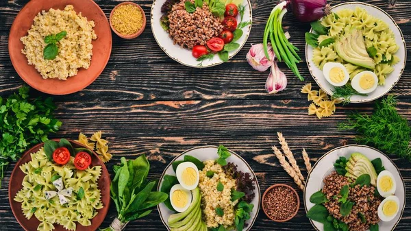 Set Food Buckwheat Bulgur Pasta Wooden Background Top View Copy — Stock Photo, Image