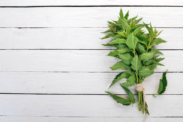 Fresh nettles On a white wooden background. Top view. Copy space.