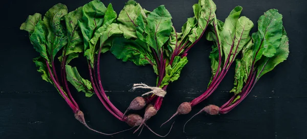 Taze pancar yeşil yaprakları ile. Ahşap bir arka plan üzerinde. Üstten görünüm. Kopya alanı.