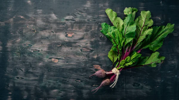 Taze pancar yeşil yaprakları ile. Ahşap bir arka plan üzerinde. Üstten görünüm. Kopya alanı.