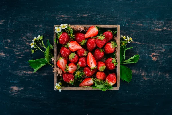 Fresh Strawberries Wooden Box Wooden Background Top View Copy Space — Stock Photo, Image