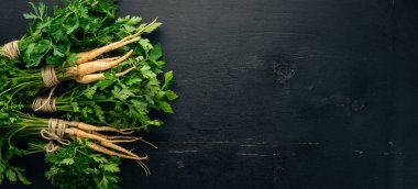 Taze yeşil maydanoz. Kök maydanoz. Ahşap bir arka plan üzerinde. Üstten görünüm. Kopya alanı.
