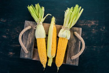Siyah ahşap bir masa üzerinde taze sarı Mısır. Sebze. Üstten görünüm. Kopya alanı.